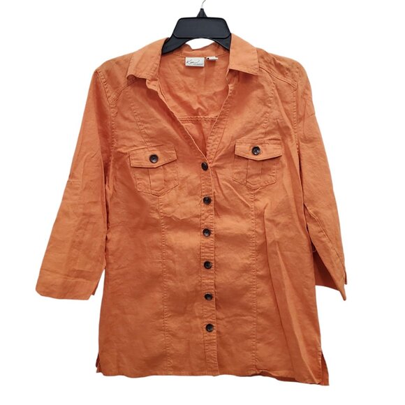 KIM Kim Rogers Women's Orange 100% Linen Roll Tab Button Up Safari Shirt Sz L - Picture 1 of 9